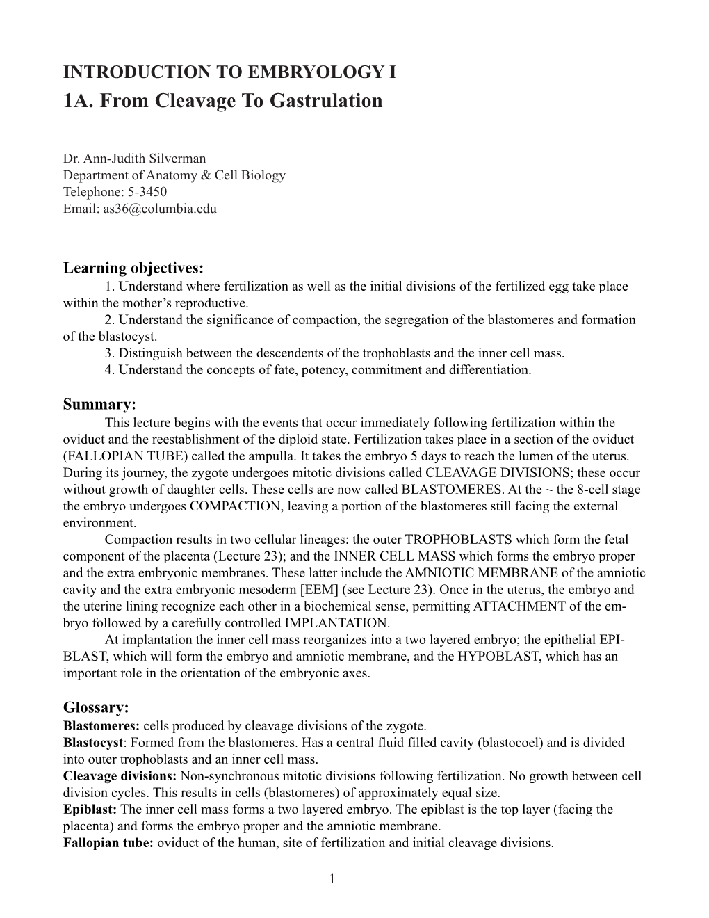 1A. from Cleavage to Gastrulation