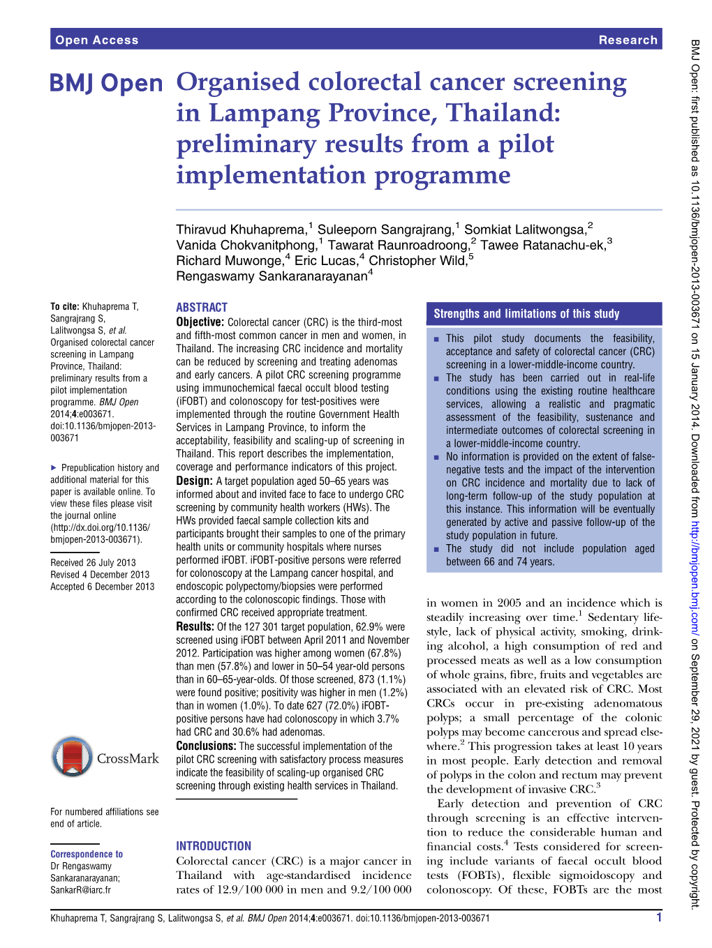 Organised Colorectal Cancer Screening in Lampang Province, Thailand: Preliminary Results from a Pilot Implementation Programme