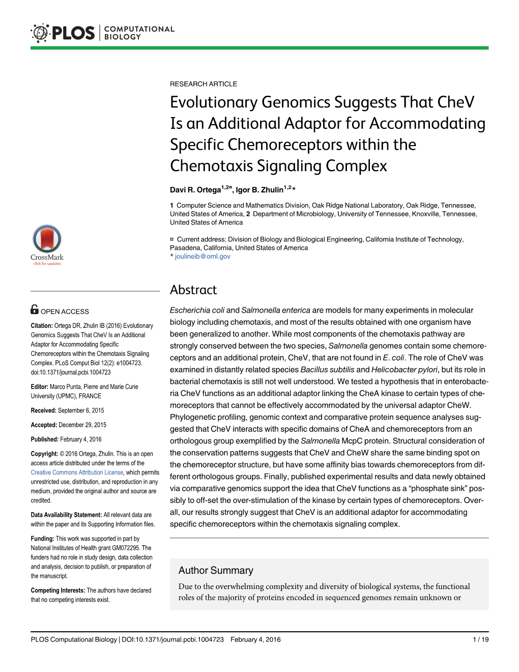 Evolutionary Genomics Suggests That Chev Is an Additional Adaptor for Accommodating Specific Chemoreceptors Within the Chemotaxis Signaling Complex