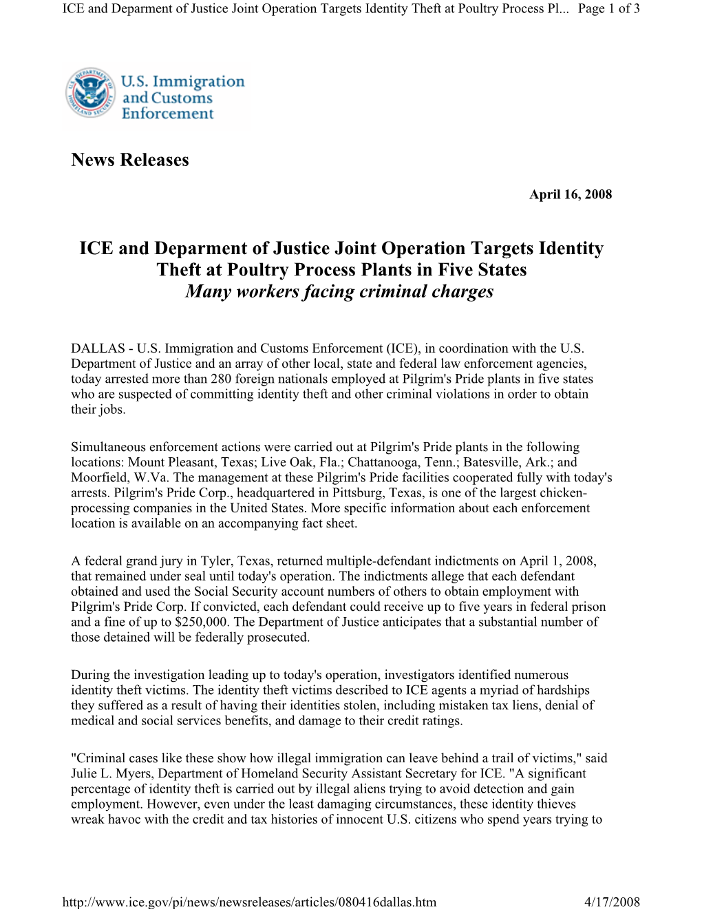 News Releases ICE and Deparment of Justice Joint Operation Targets