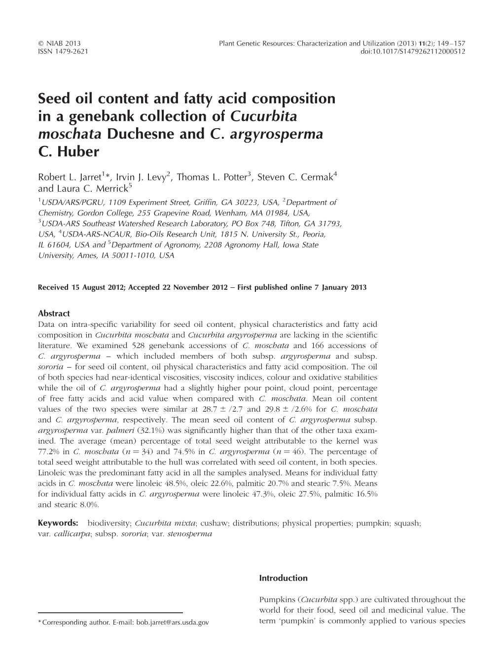 Seed Oil Content and Fatty Acid Composition in a Genebank Collection of Cucurbita Moschata Duchesne and C. Argyrosperma C. Huber