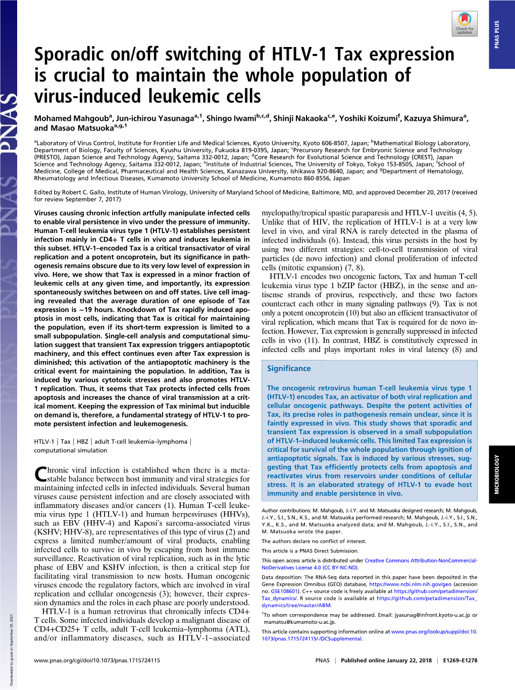 Sporadic On/Off Switching of HTLV-1 Tax Expression Is Crucial To