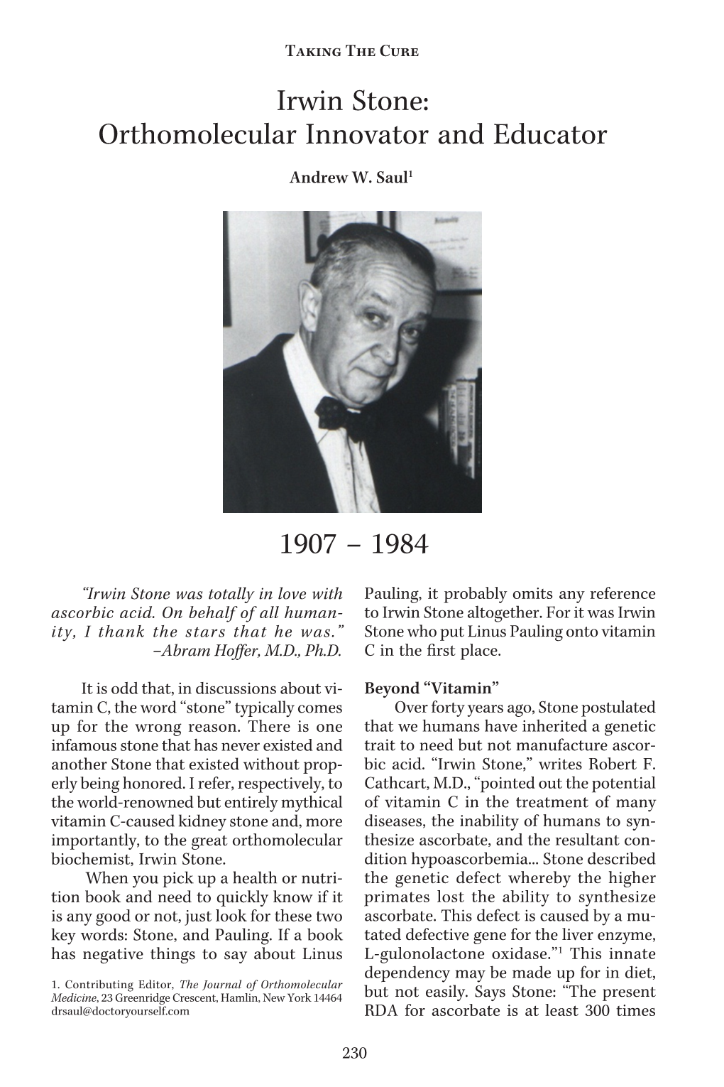 Irwin Stone: Orthomolecular Innovator and Educator