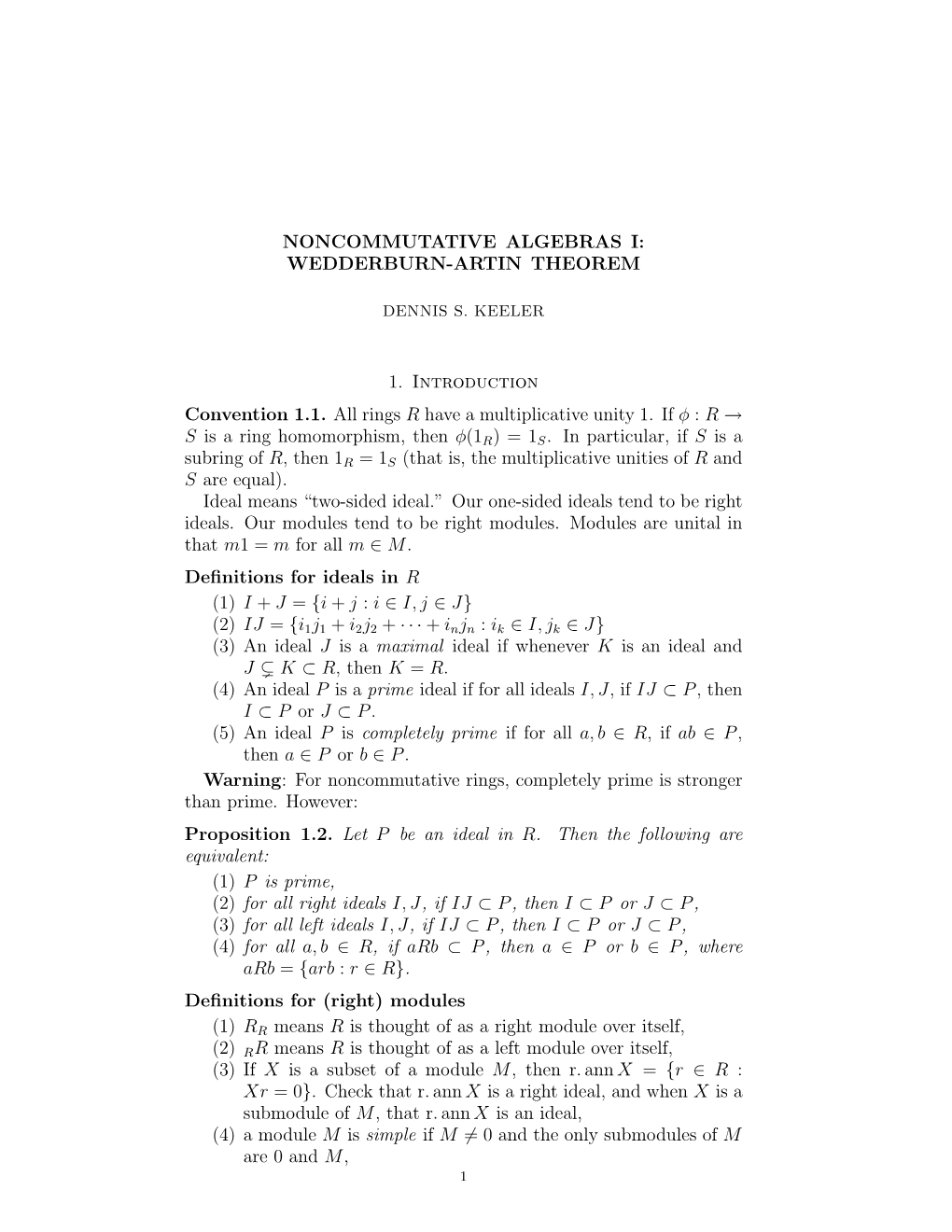 Noncommutative Algebras I: Wedderburn-Artin Theorem