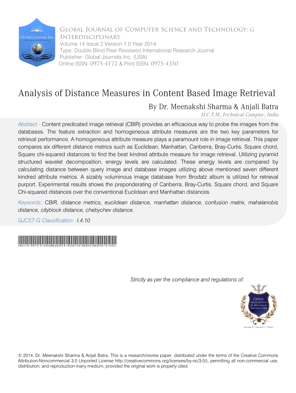 Analysis of Distance Measures in Content Based Image Retrieval by Dr