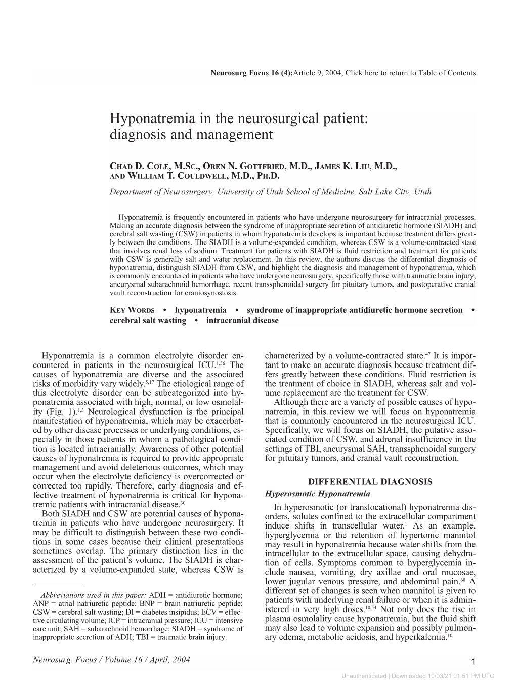 Hyponatremia in the Neurosurgical Patient: Diagnosis and Management