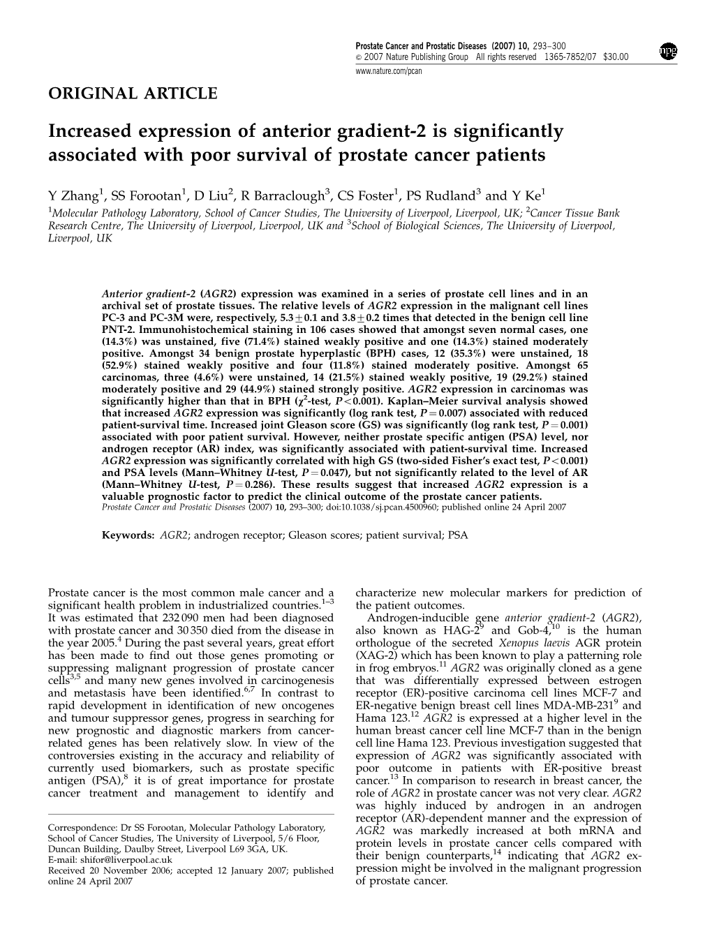 Increased Expression of Anterior Gradient-2 Is Significantly Associated with Poor Survival of Prostate Cancer Patients