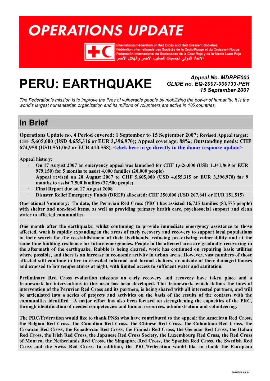 PERU: EARTHQUAKE 15 September 2007