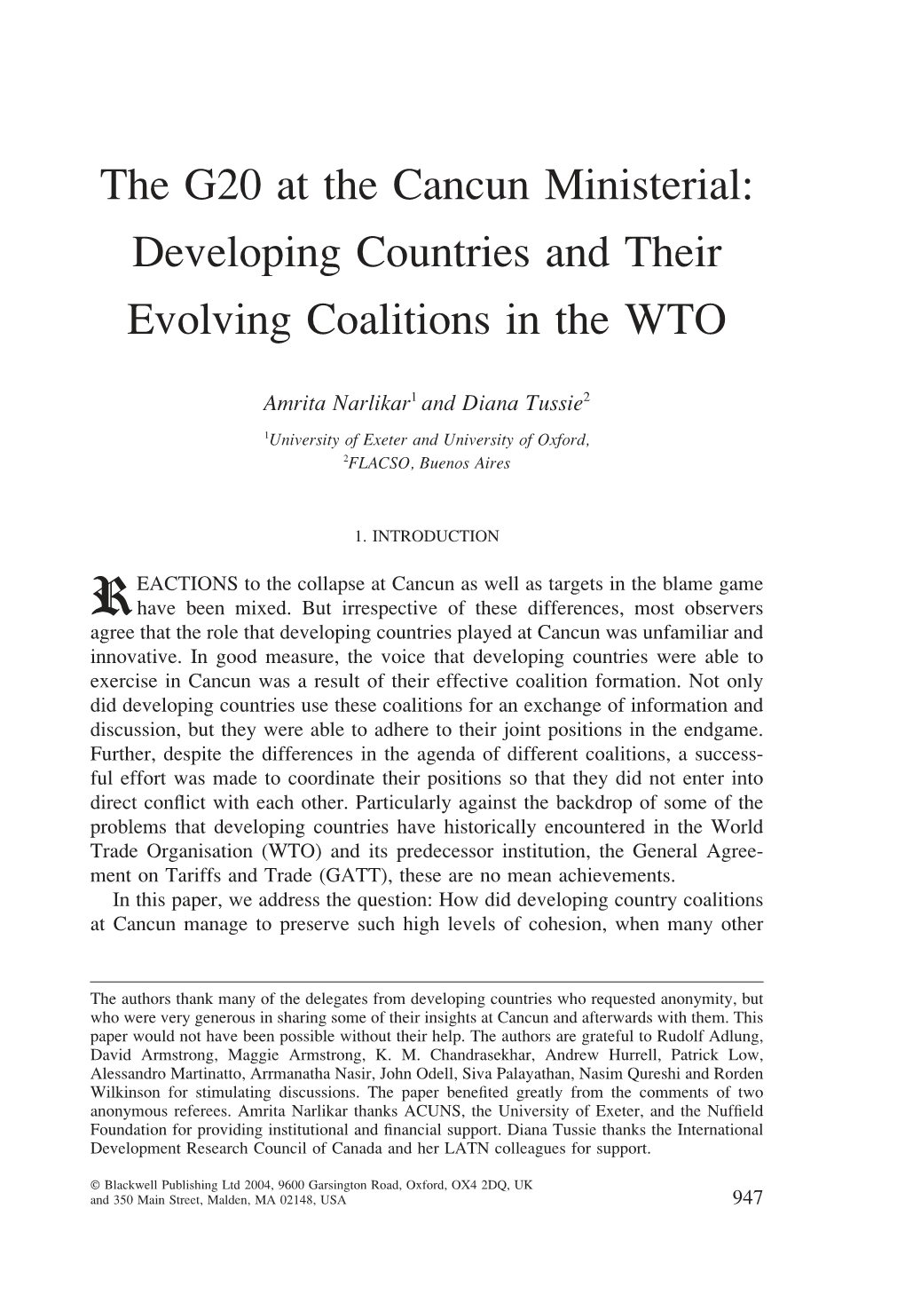 The G20 at the Cancun Ministerial: Developing Countries and Their Evolving Coalitions in the WTO