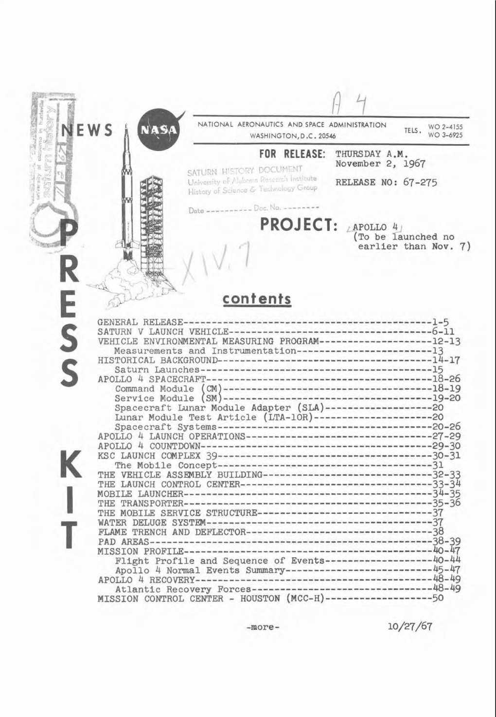 PROJECT: ,,APOLLO 4 F. SATURN Lj LAUNCH VEHICLE