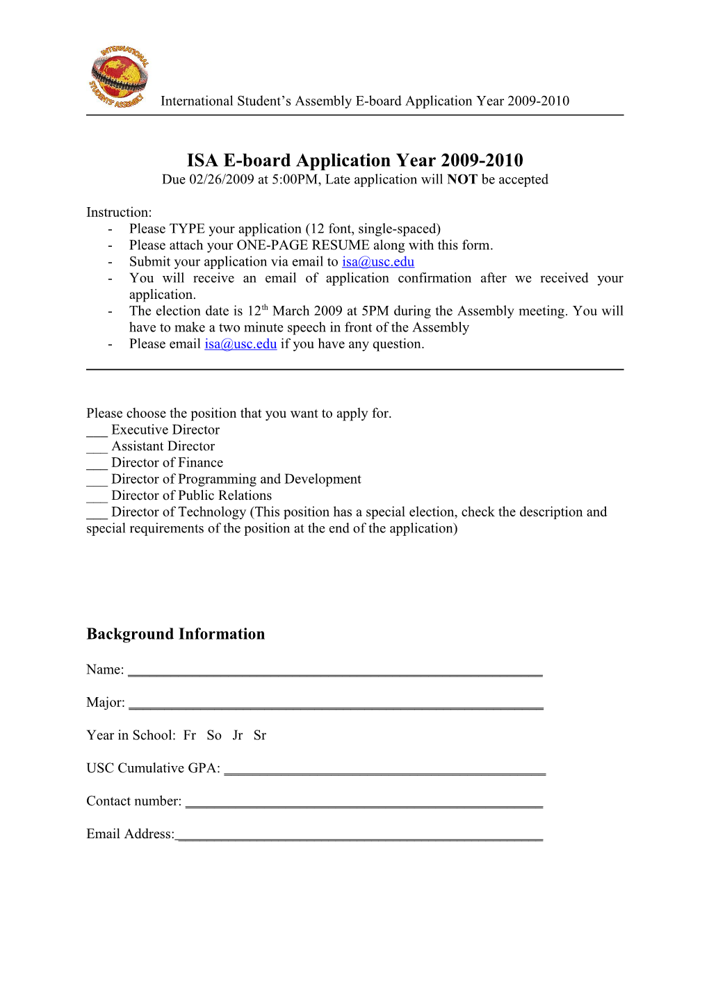 ISA E-Board Application Year 2009-2010