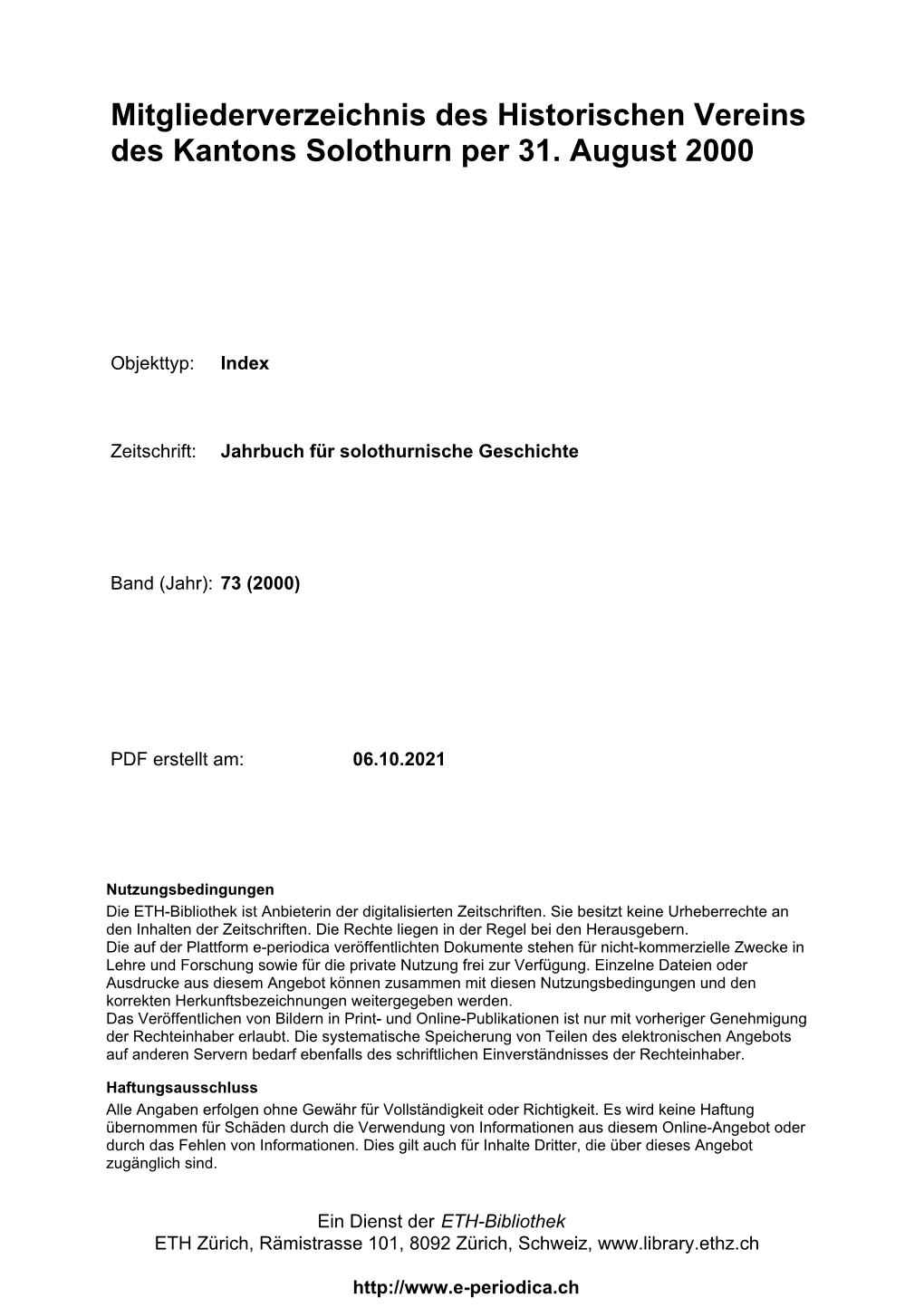 Mitgliederverzeichnis Des Historischen Vereins Des Kantons Solothurn Per 31