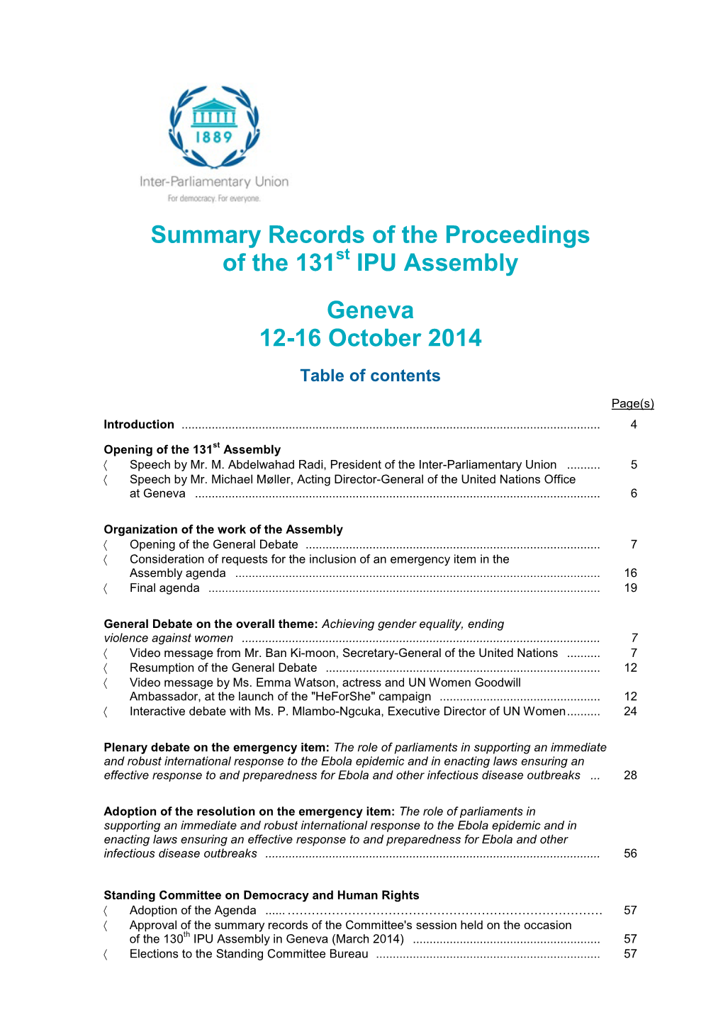 Summary Records of the Proceedings of the 131 IPU Assembly Geneva