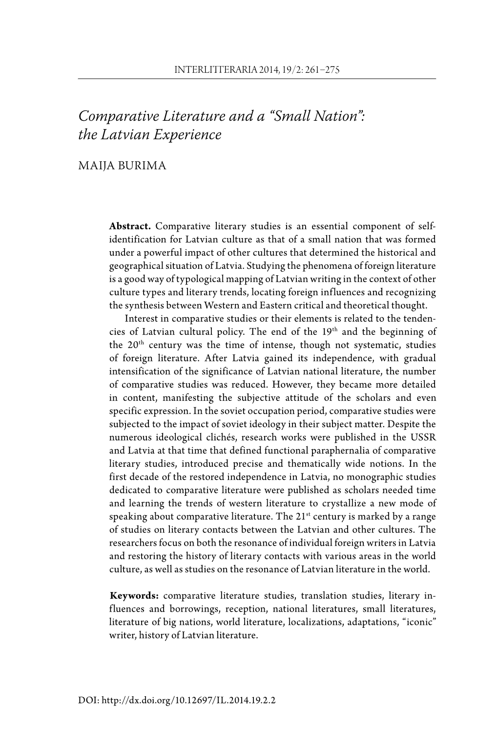 Comparative Literature and a “Small Nation”: the Latvian Experience