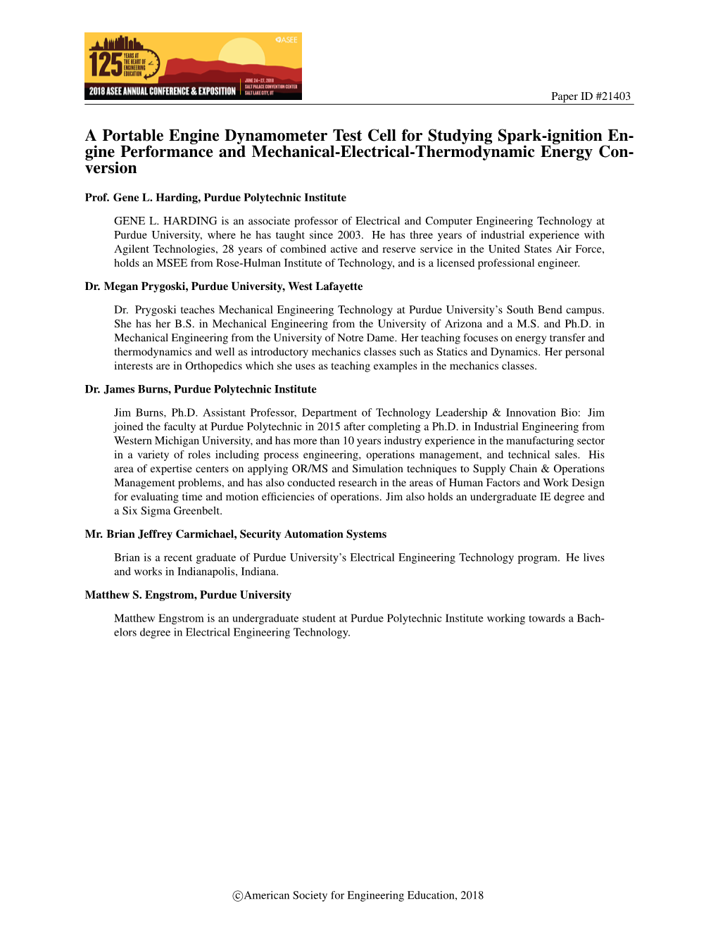 A Portable Engine Dynamometer Test Cell for Studying Spark-Ignition En- Gine Performance and Mechanical-Electrical-Thermodynamic Energy Con- Version