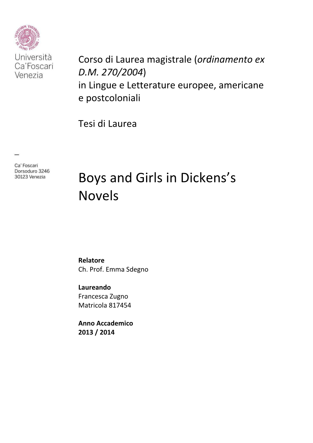 Boys and Girls in Dickens's Novels