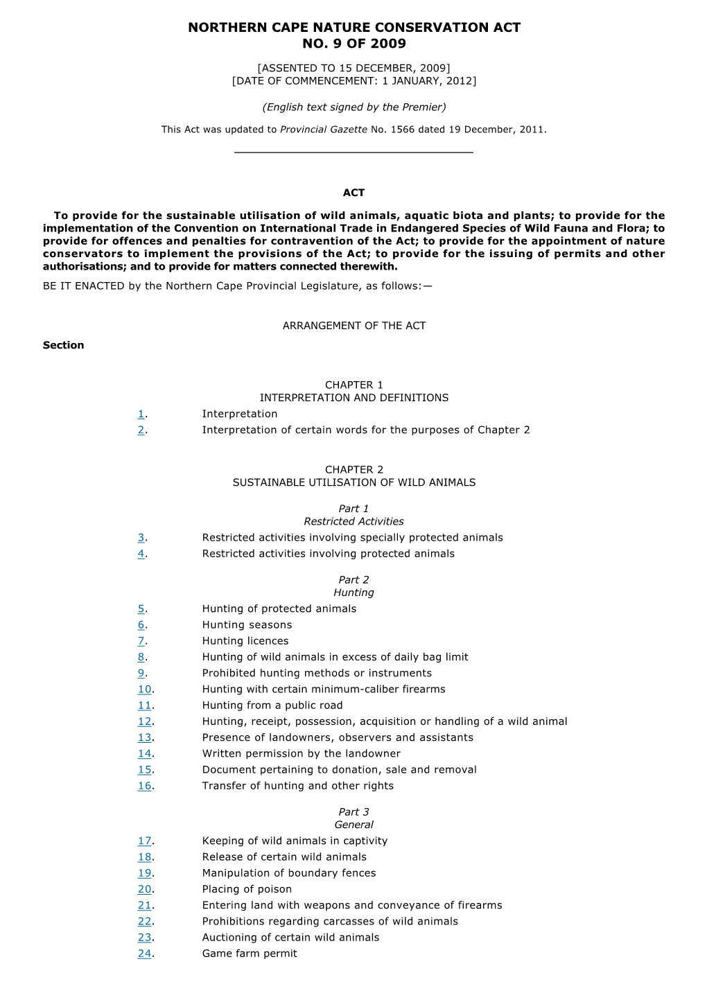 Northern Cape Nature Conservation Act No. 9 of 2009