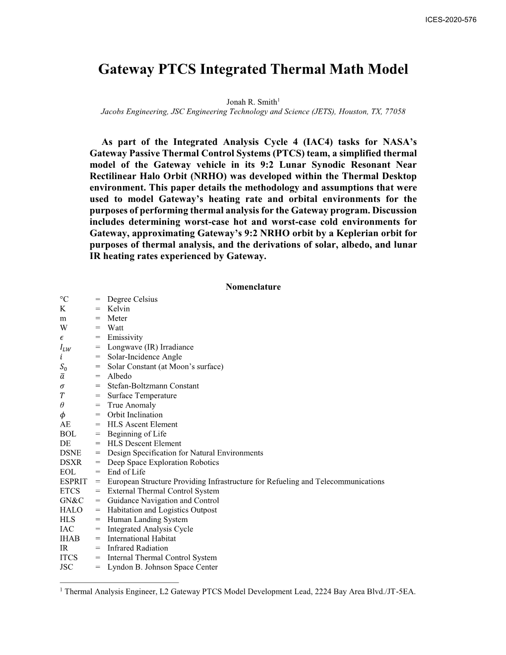 Gateway PTCS Integrated Thermal Math Model