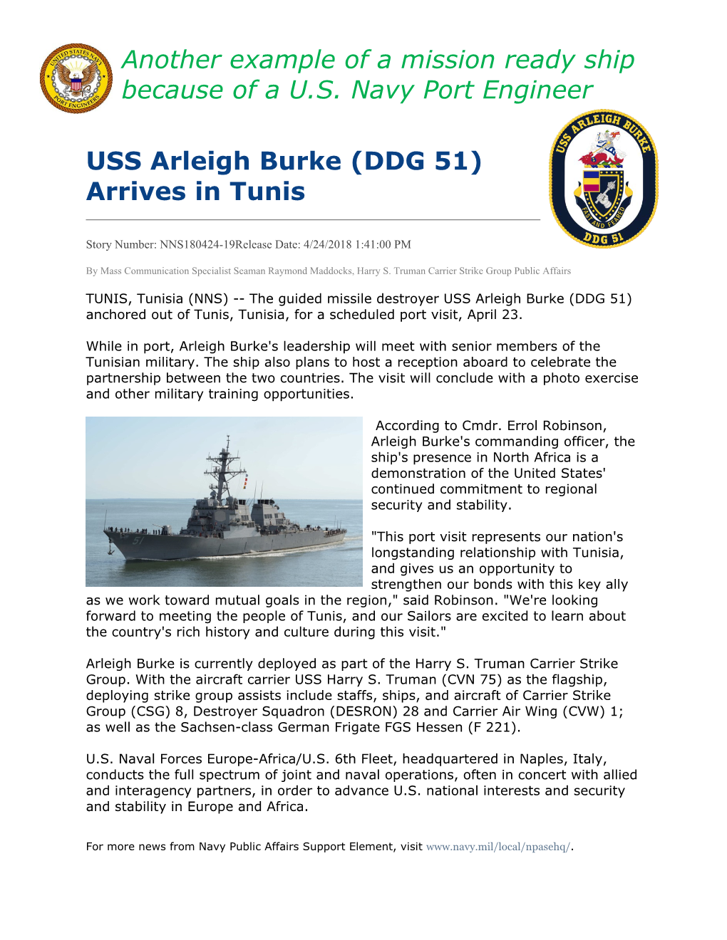 USS Arleigh Burke (DDG 51) Arrives in Tunis