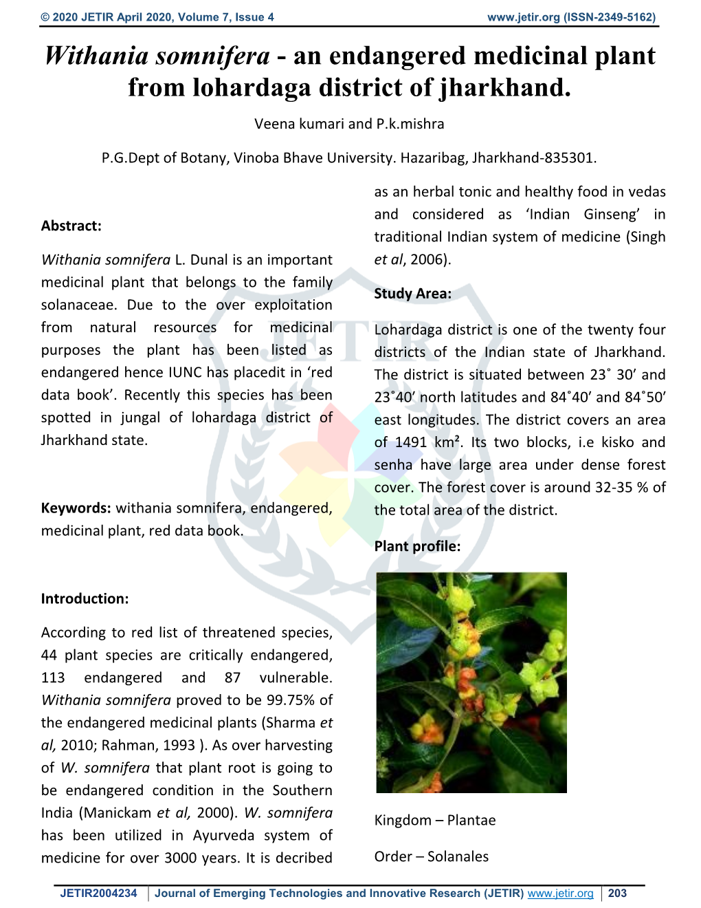 Withania Somnifera - an Endangered Medicinal Plant from Lohardaga District of Jharkhand