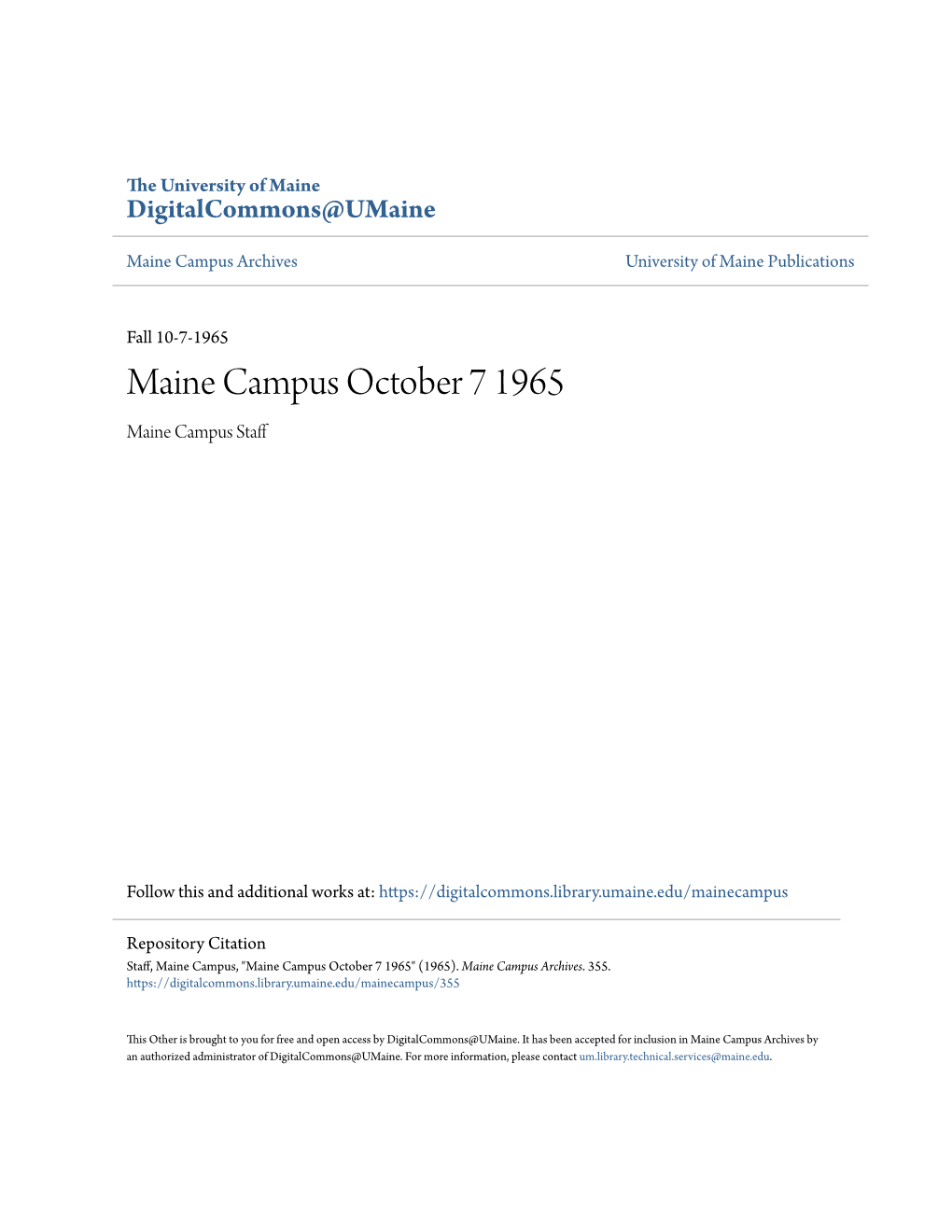 Maine Campus October 7 1965 Maine Campus Staff