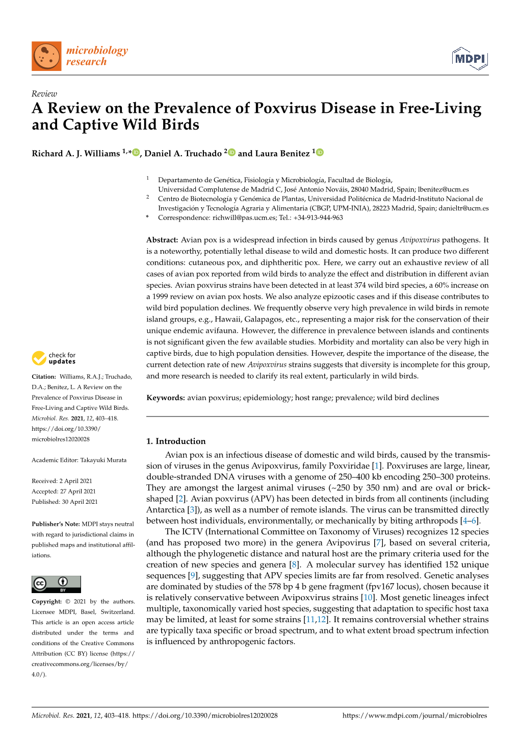 A Review on the Prevalence of Poxvirus Disease in Free-Living and Captive Wild Birds