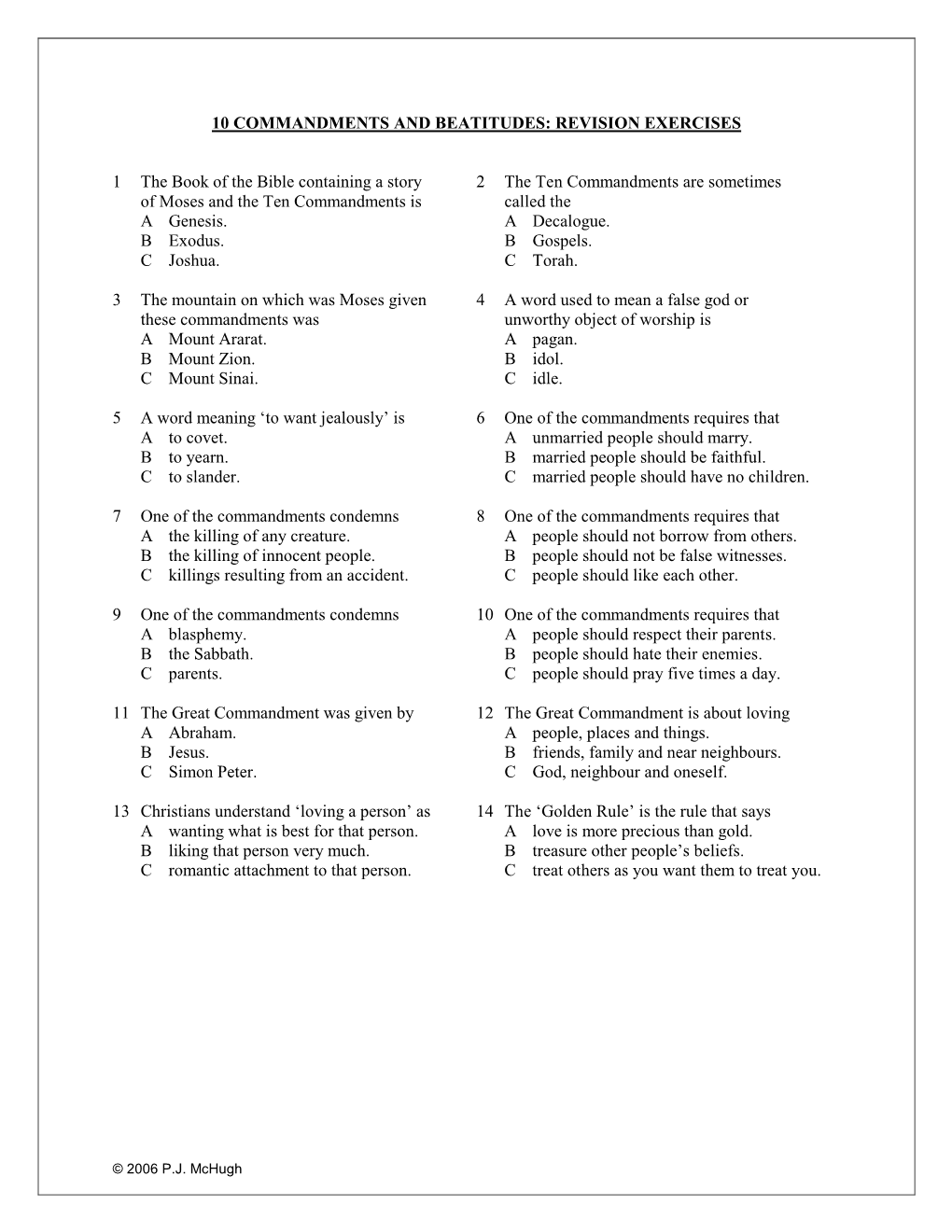 10 Commandments and Beatitudes: Revision Exercises