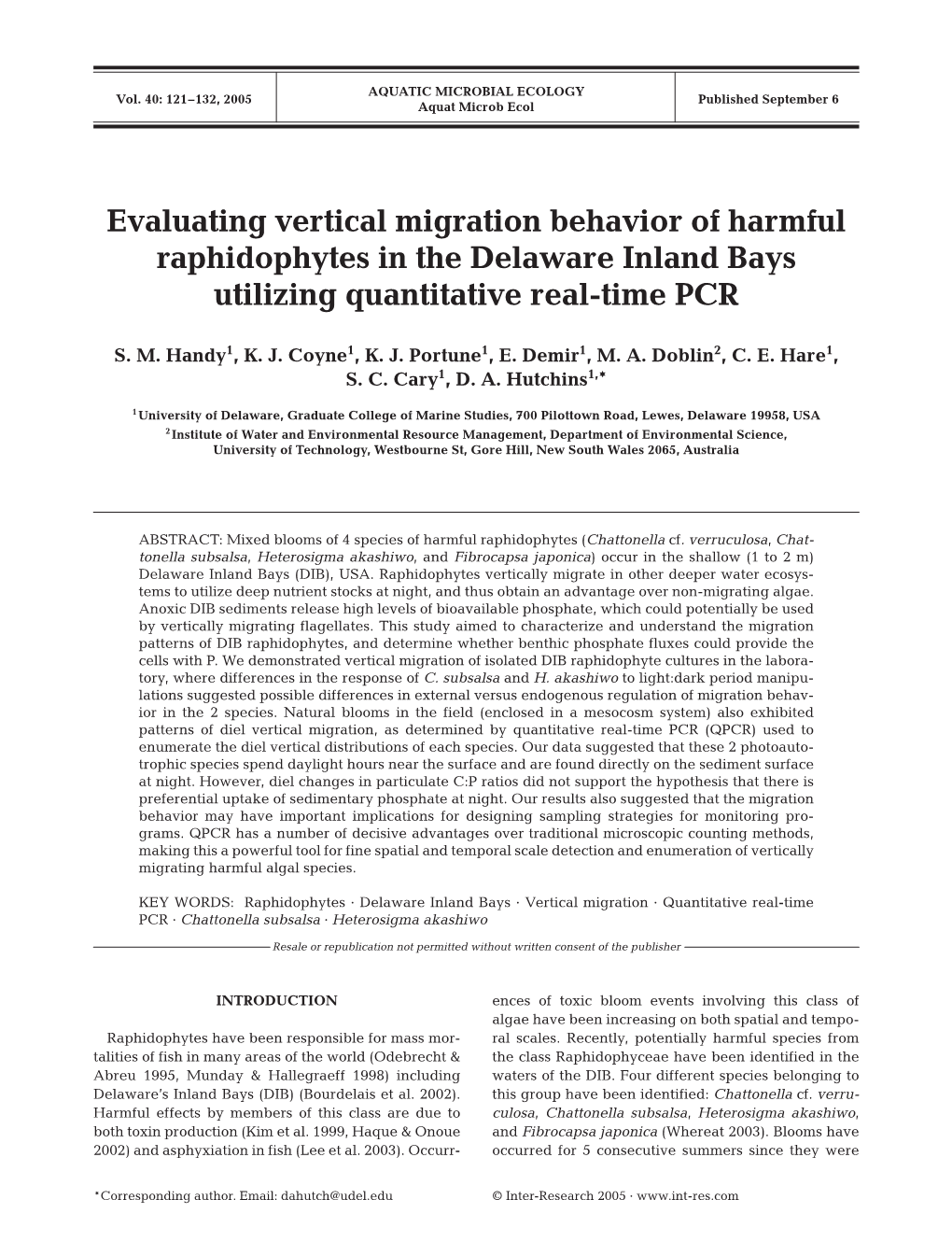 Evaluating Vertical Migration Behavior of Harmful Raphidophytes in the Delaware Inland Bays Utilizing Quantitative Real-Time PCR