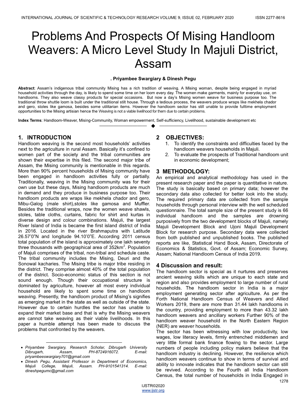 Problems and Prospects of Mising Handloom Weavers: a Micro Level Study in Majuli District, Assam