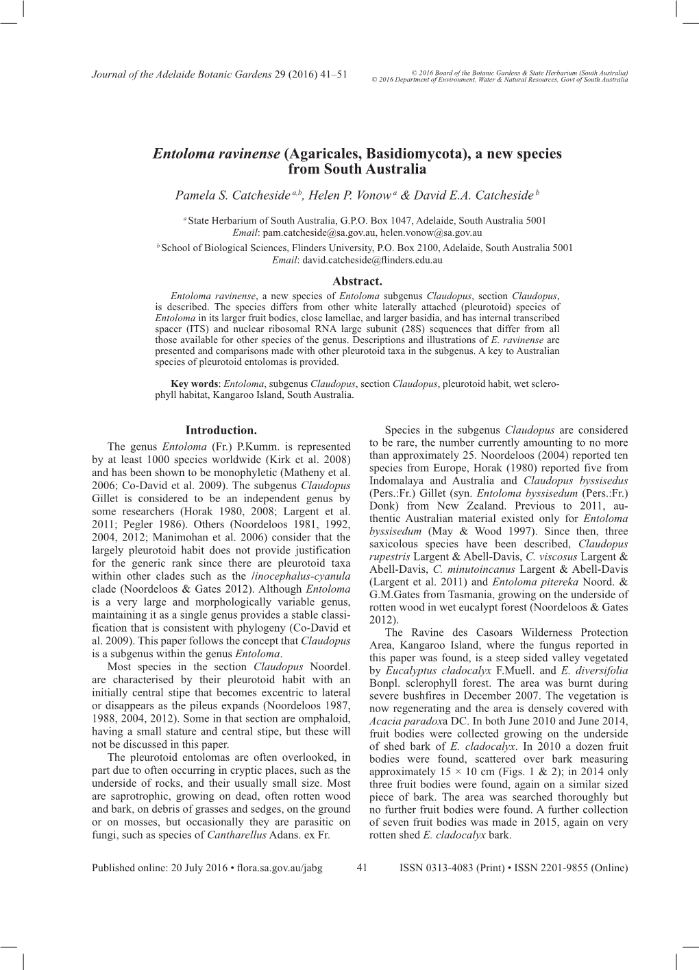 Entoloma Ravinense (Agaricales, Basidiomycota), a New Species from South Australia Pamela S