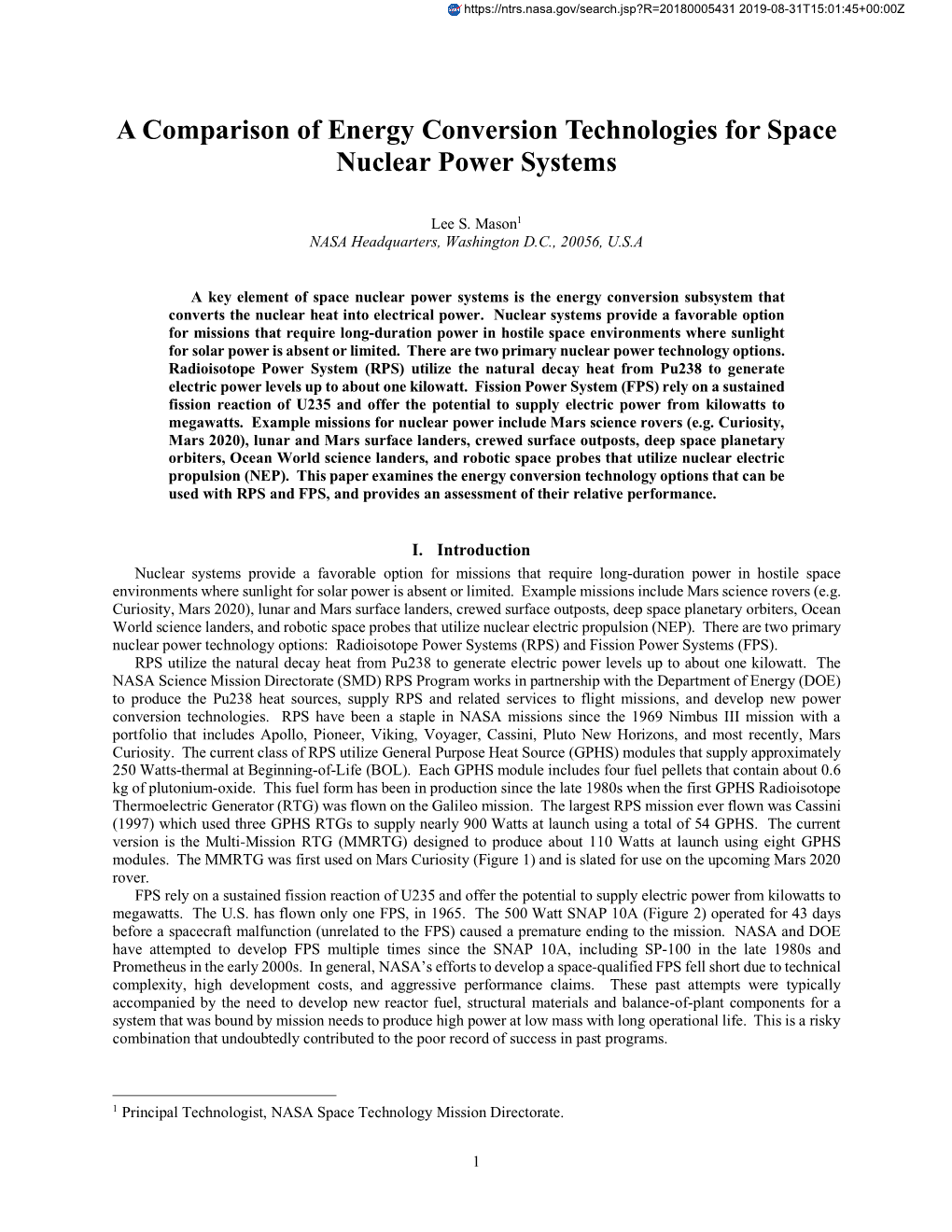 A Comparison of Energy Conversion Technologies for Space Nuclear Power Systems