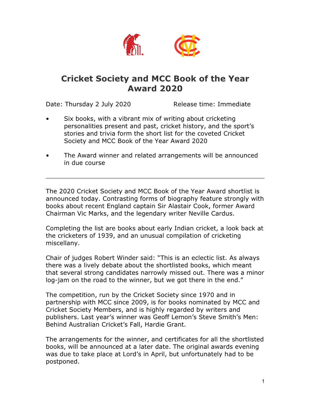 Cricket Society and MCC Book of the Year Award 2020