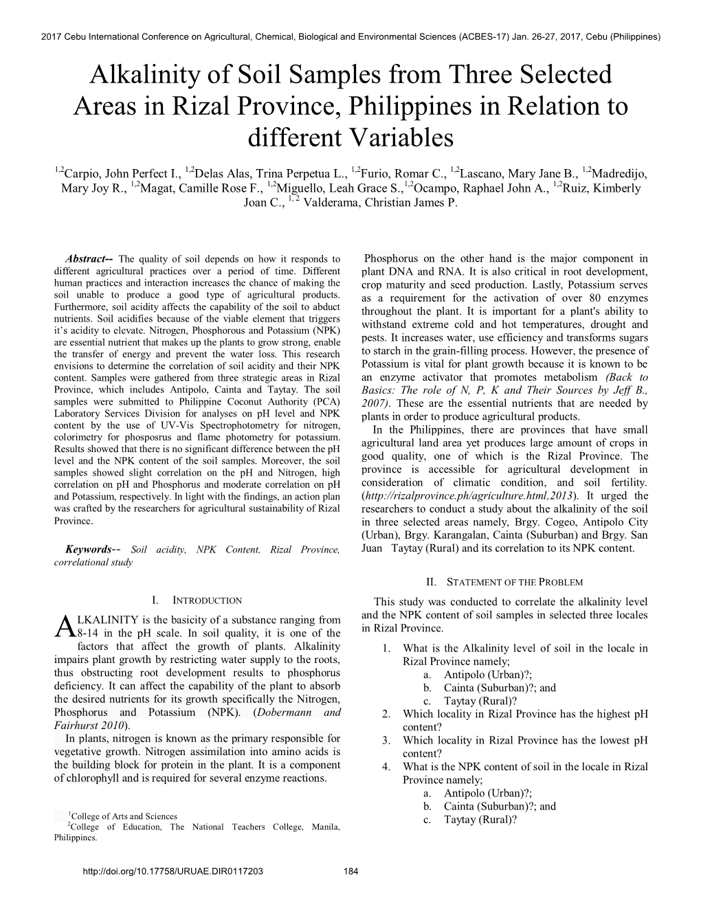 Alkalinity of Soil Samples from Three Selected Areas in Rizal Province, Philippines in Relation to Different Variables