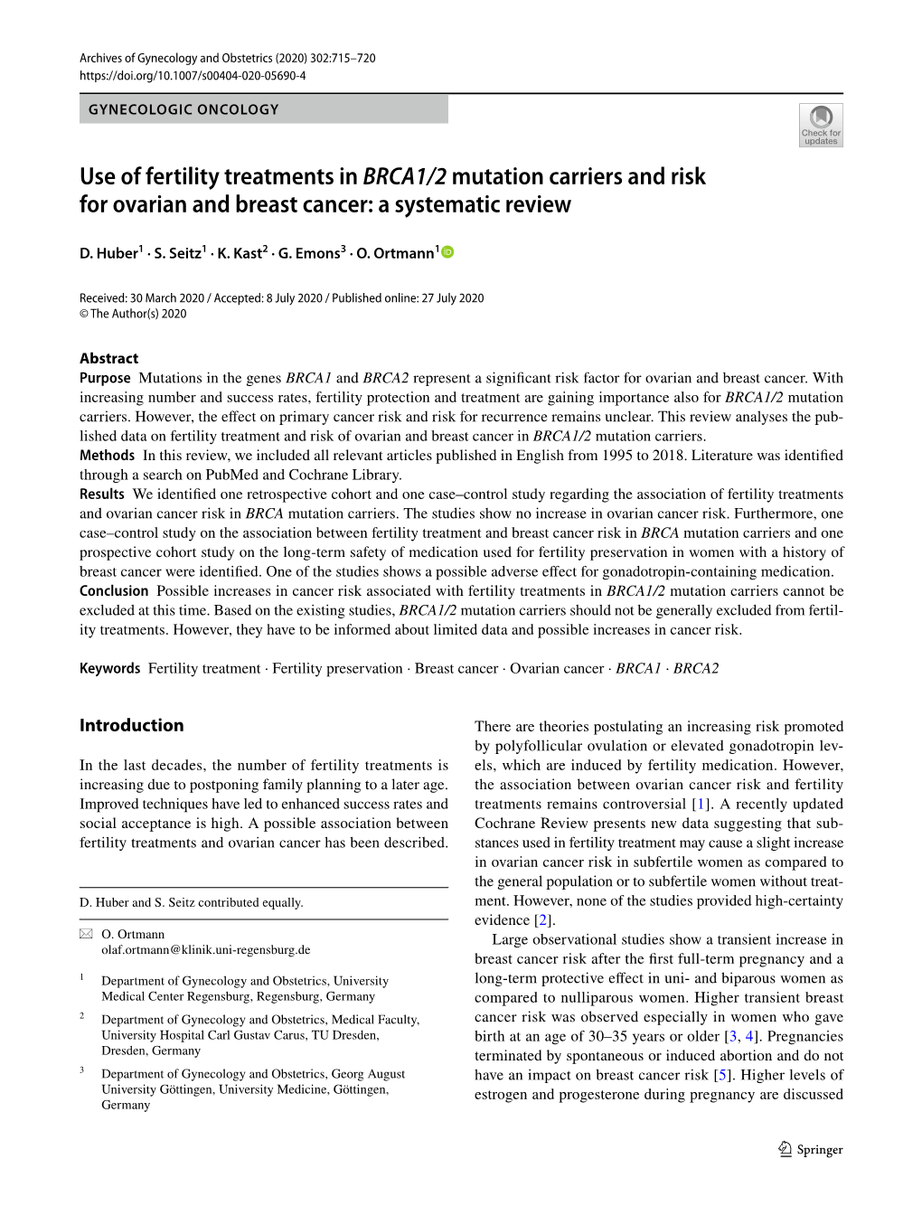 Use of Fertility Treatments in BRCA1/2 Mutation Carriers and Risk for Ovarian and Breast Cancer: a Systematic Review