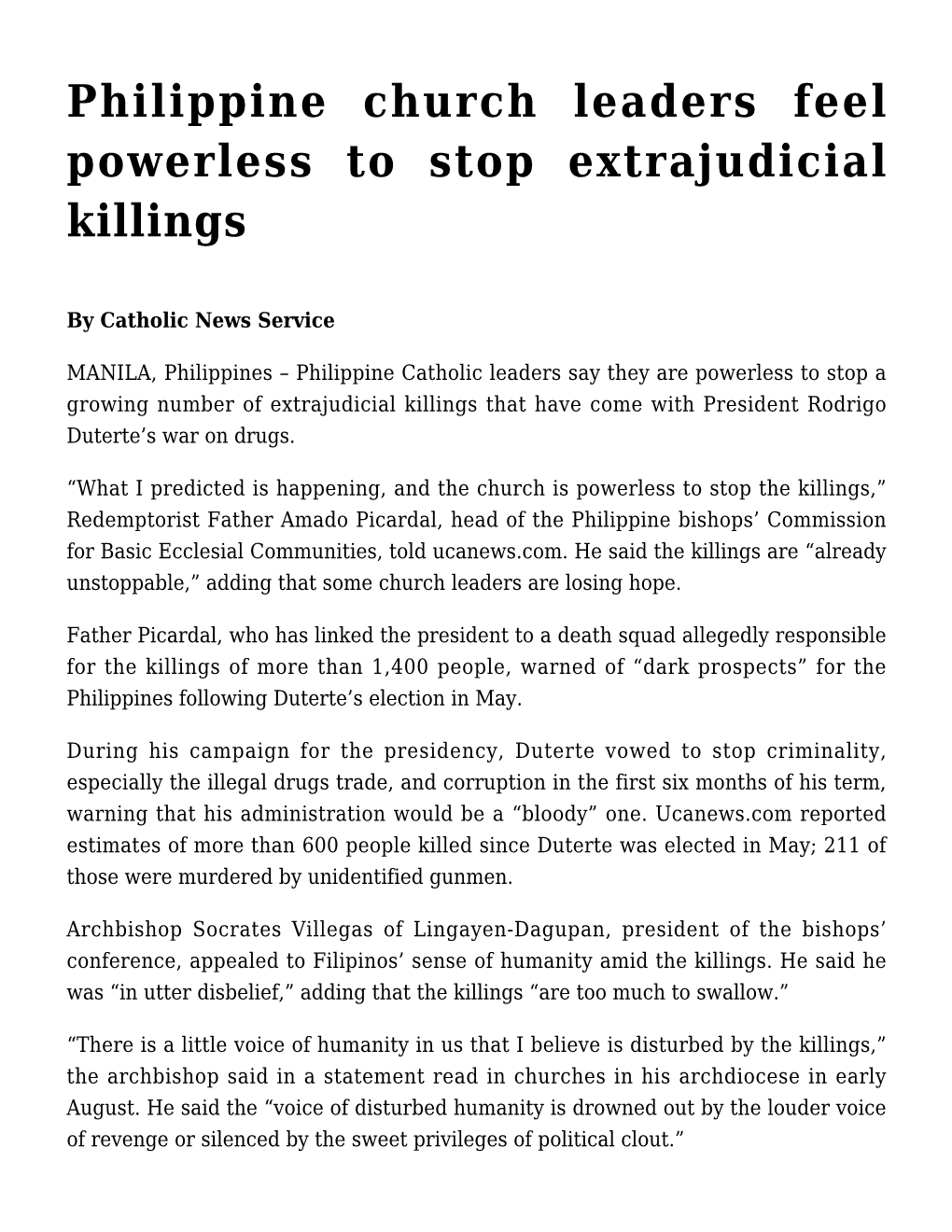 Philippine Church Leaders Feel Powerless to Stop Extrajudicial Killings