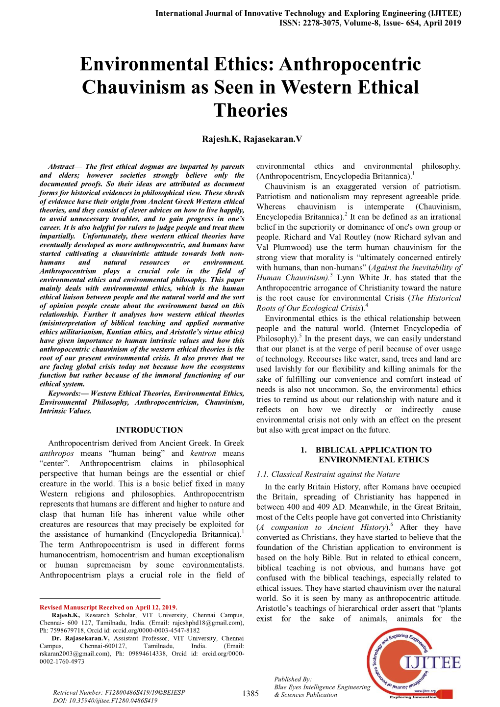 Environmental Ethics: Anthropocentric Chauvinism As Seen in Western Ethical Theories