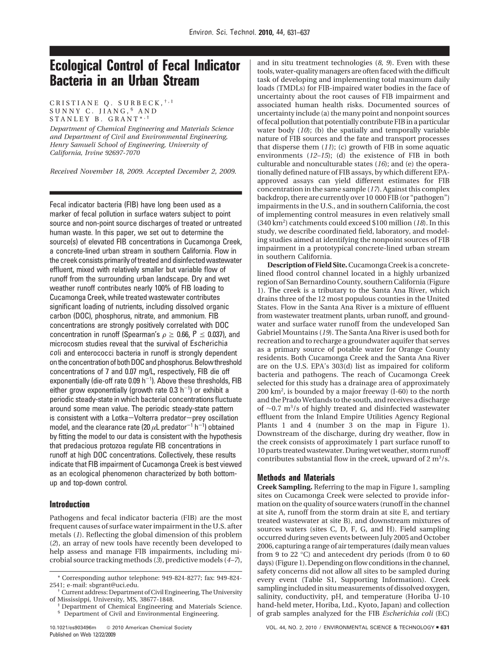 Ecological Control of Fecal Indicator Bacteria in an Urban Stream