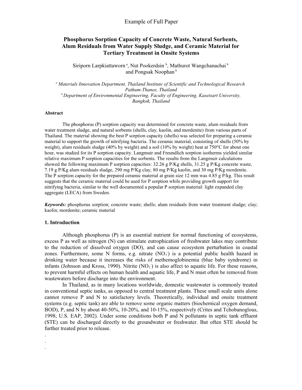 Phosphorus Adsorption Capacity of Utelite, Blast Furnace Slag, Leca, and Natural Adsorbents