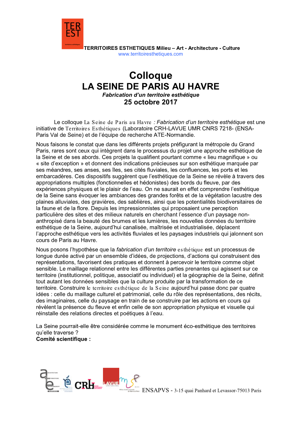 Colloque LA SEINE DE PARIS AU HAVRE Fabrication D’Un Territoire Esthétique 25 Octobre 2017