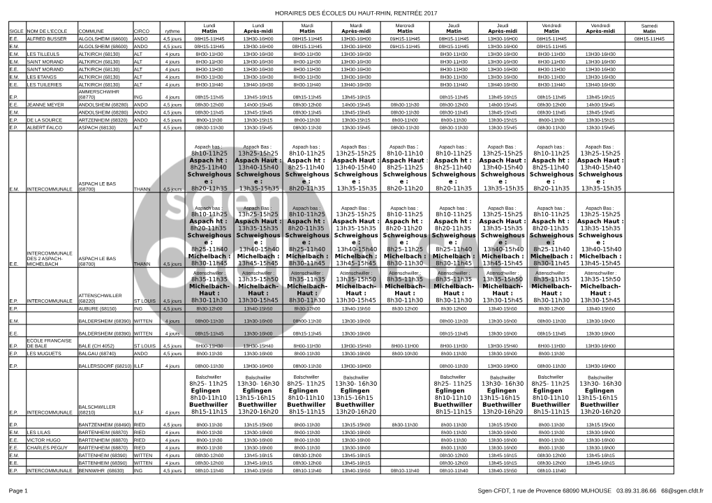 HORAIRES DES ÉCOLES DU HAUT-RHIN, RENTRÉE 2017 Page