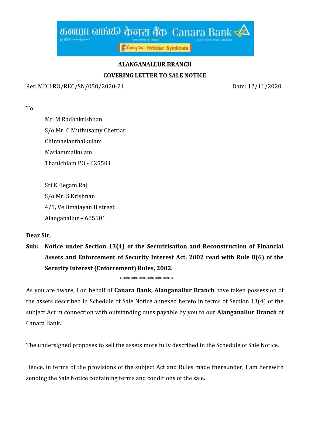 ALANGANALLUR BRANCH COVERING LETTER to SALE NOTICE Ref: MDU RO/REC/SN/050/2020-21 Date: 12/11/2020