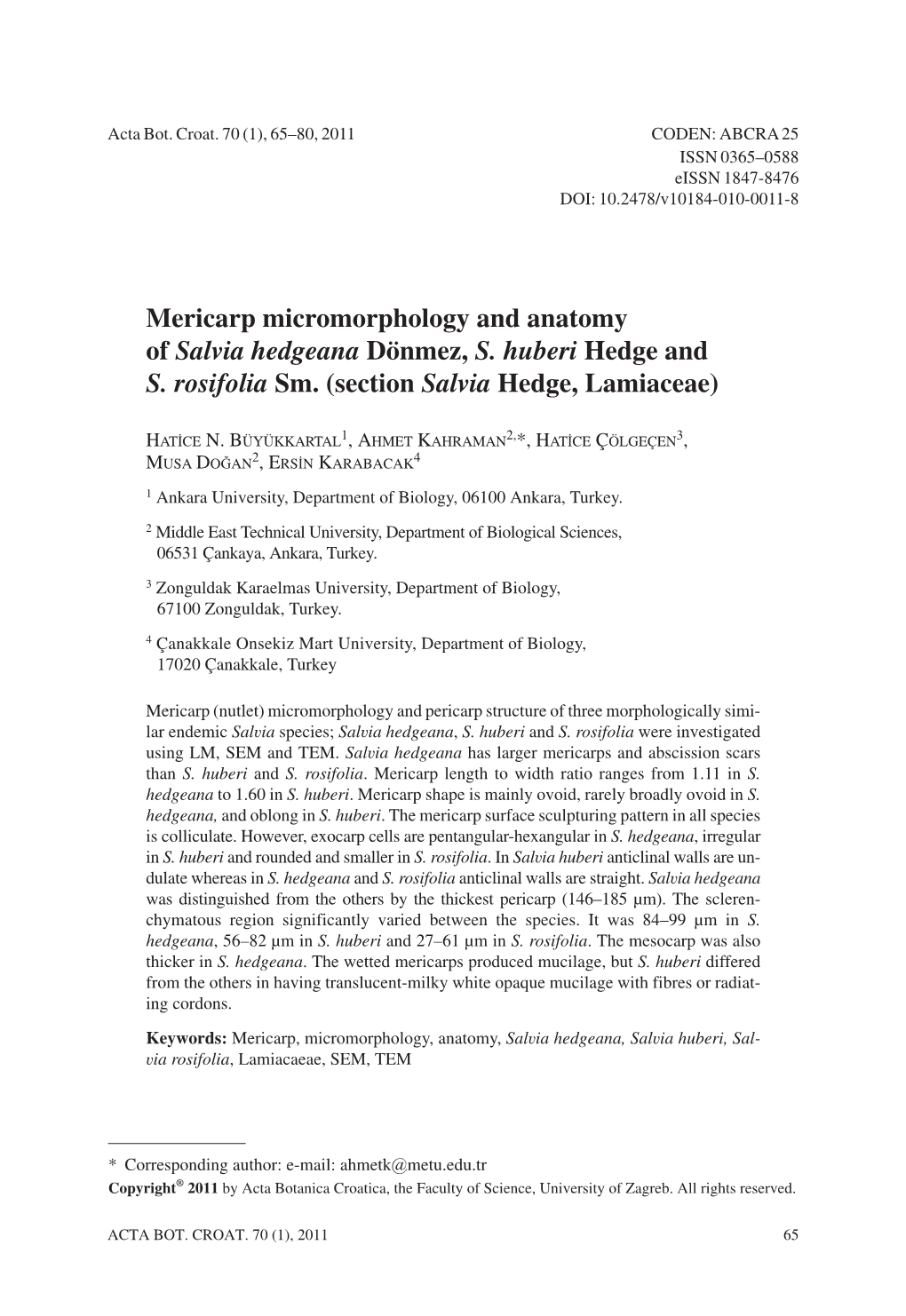 Mericarp Micromorphology and Anatomy of Salvia Hedgeana Dönmez, S. Huberi Hedge and S. Rosifolia Sm