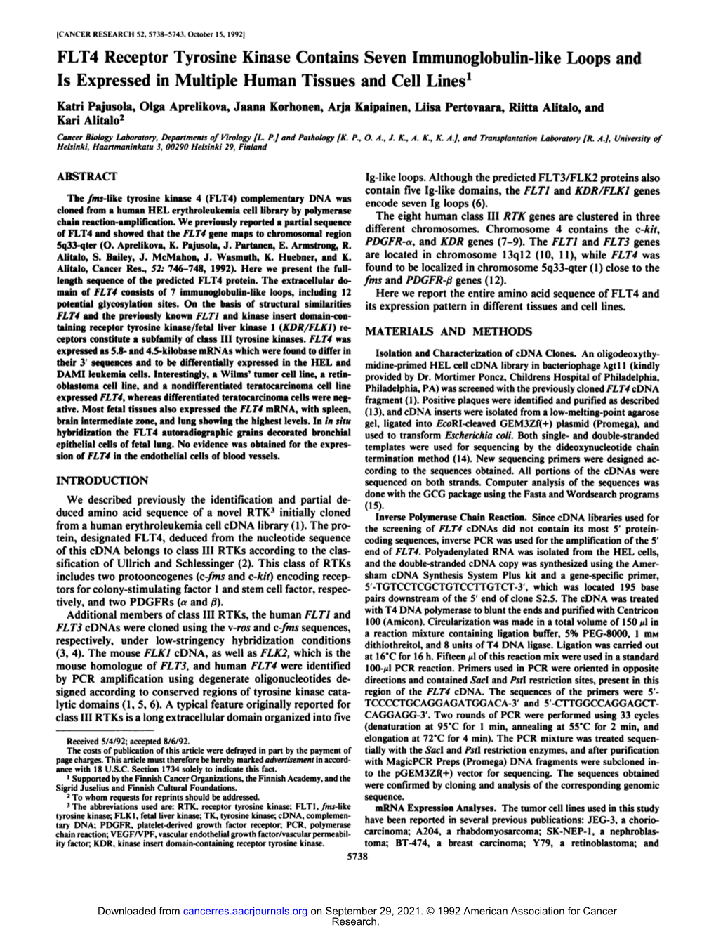 FLT4 Receptor Tyrosine Kinase Contains Seven Immunoglobulin-Like Loops and Is Expressed in Multiple Human Tissues and Cell Lines1