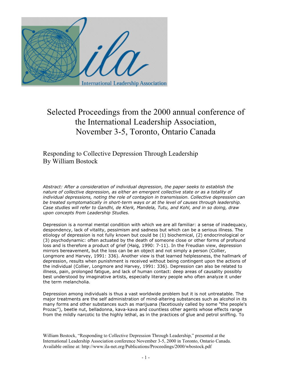 Selected Proceedings from the 2000 Annual Conference of the International Leadership Association, November 3-5, Toronto, Ontario Canada