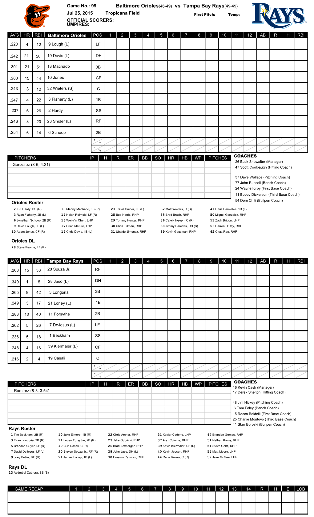 Baltimore Orioles(46-49) Vs Tampa Bay Rays(49-49)