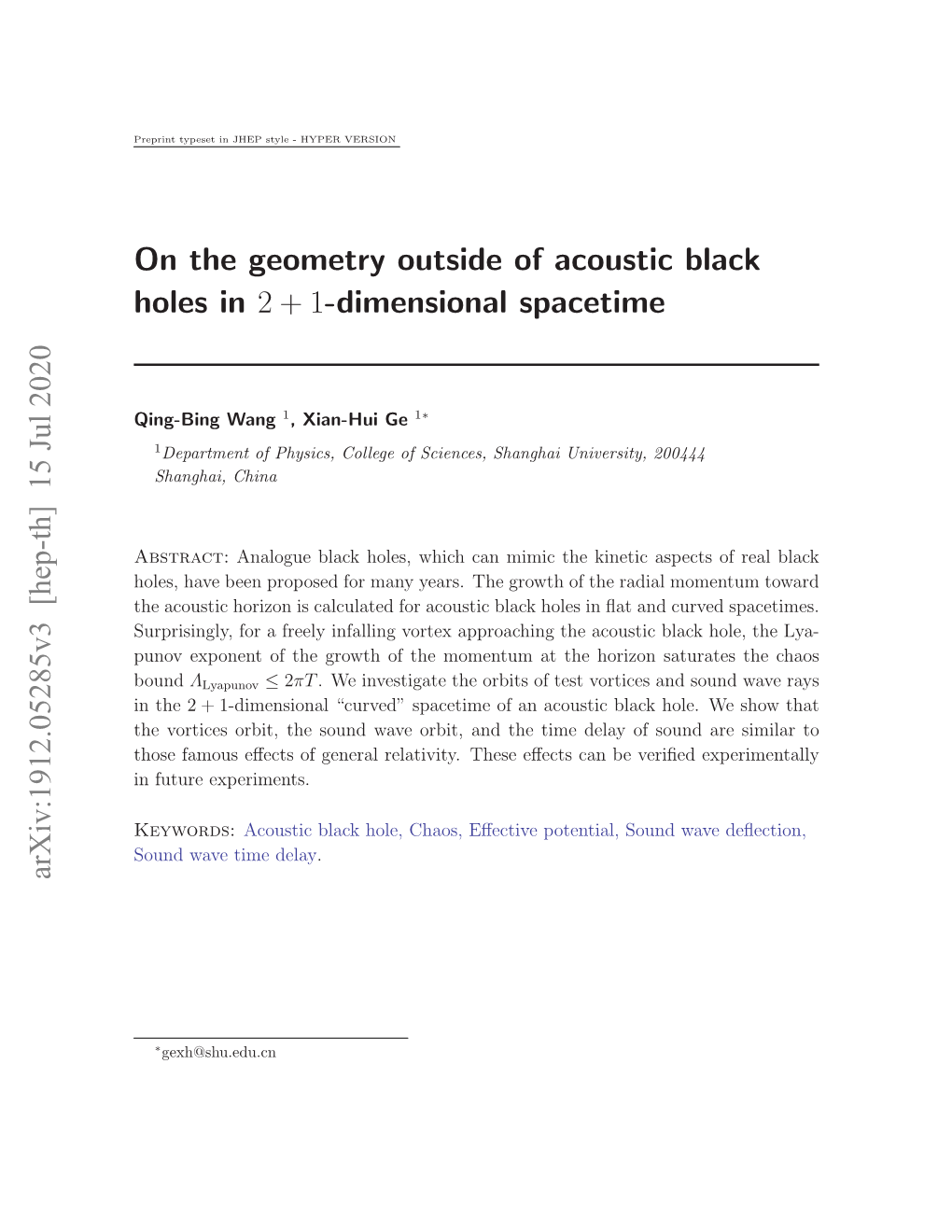 On the Geometry Outside of Acoustic Black Holes in 2+1-Dimensional Spacetime Arxiv:1912.05285V3 [Hep-Th] 15 Jul 2020