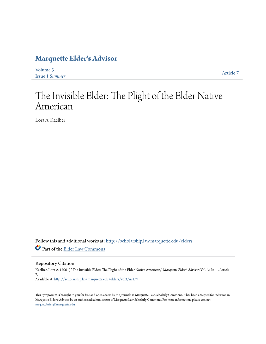 The Invisible Elder: the Plight of the Elder Native American