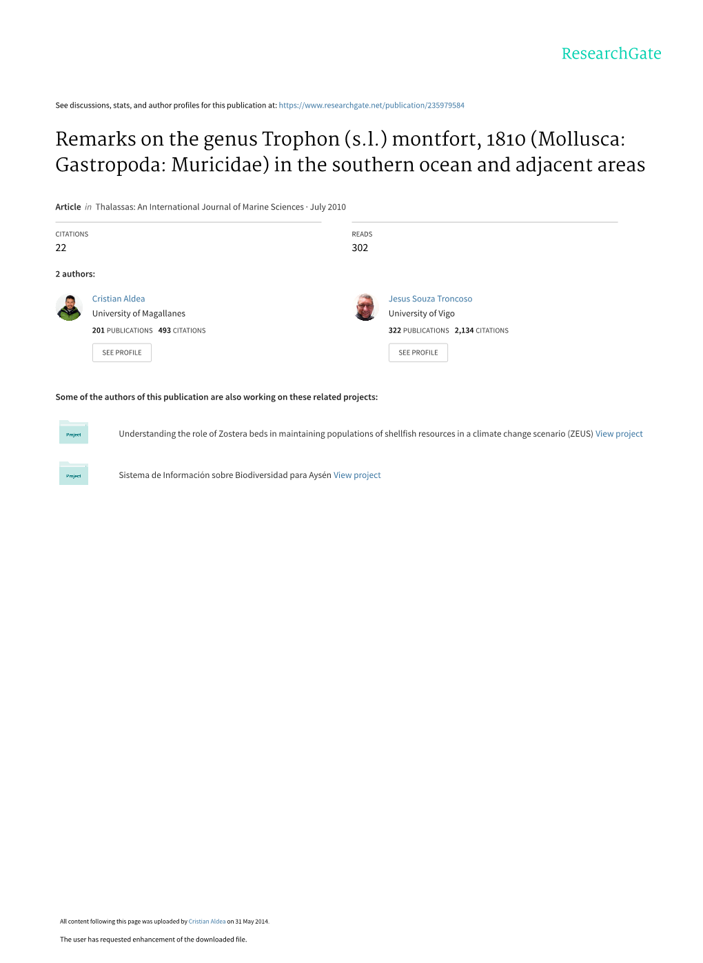 Remarks on the Genus Trophon (S.L.) Montfort, 1810 (Mollusca: Gastropoda: Muricidae) in the Southern Ocean and Adjacent Areas