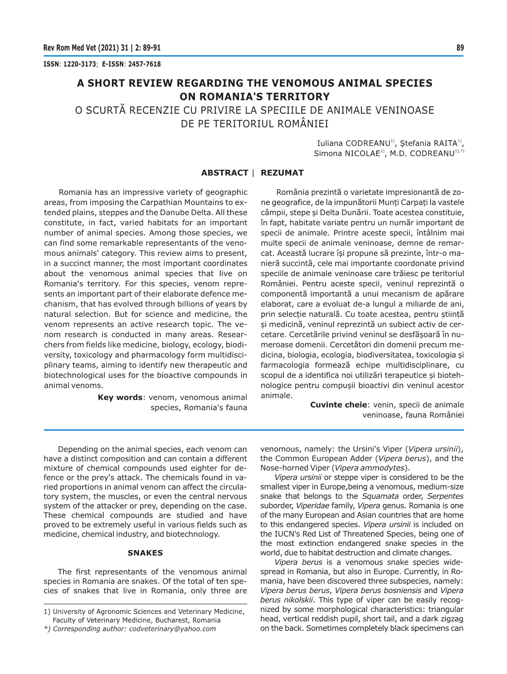 A Short Review Regarding the Venomous Animal Species on Romania's Territory O Scurtă Recenzie Cu Privire La Speciile De Animale Veninoase De Pe Teritoriul României