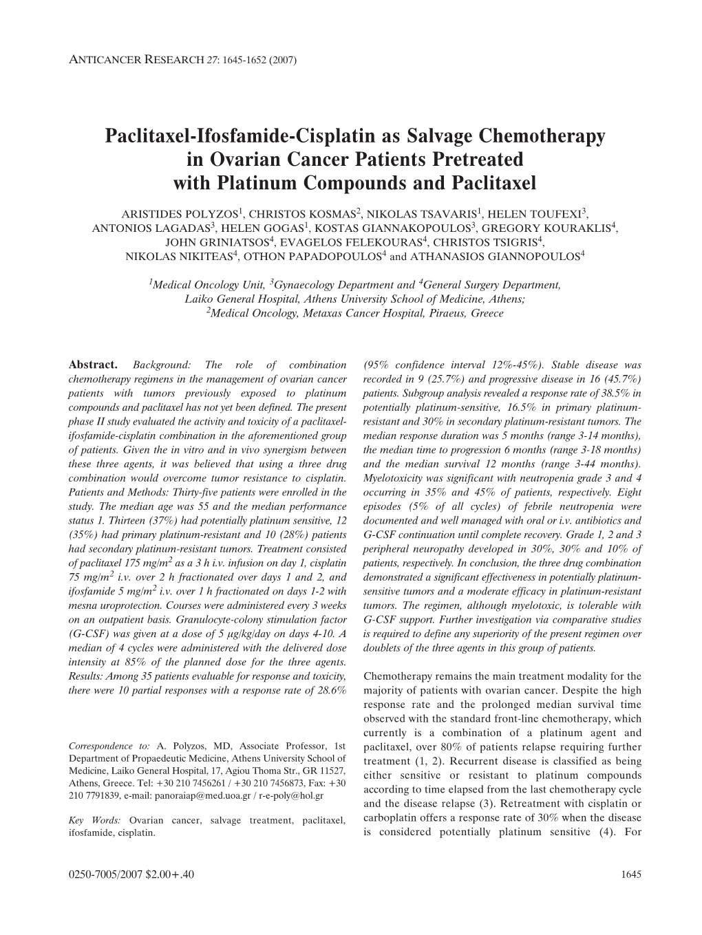 Paclitaxel-Ifosfamide-Cisplatin As Salvage Chemotherapy in Ovarian Cancer Patients Pretreated with Platinum Compounds and Paclitaxel